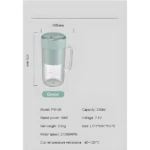 Licuadora portátil verde de 330ml, 108mm de ancho y 175mm de alto.