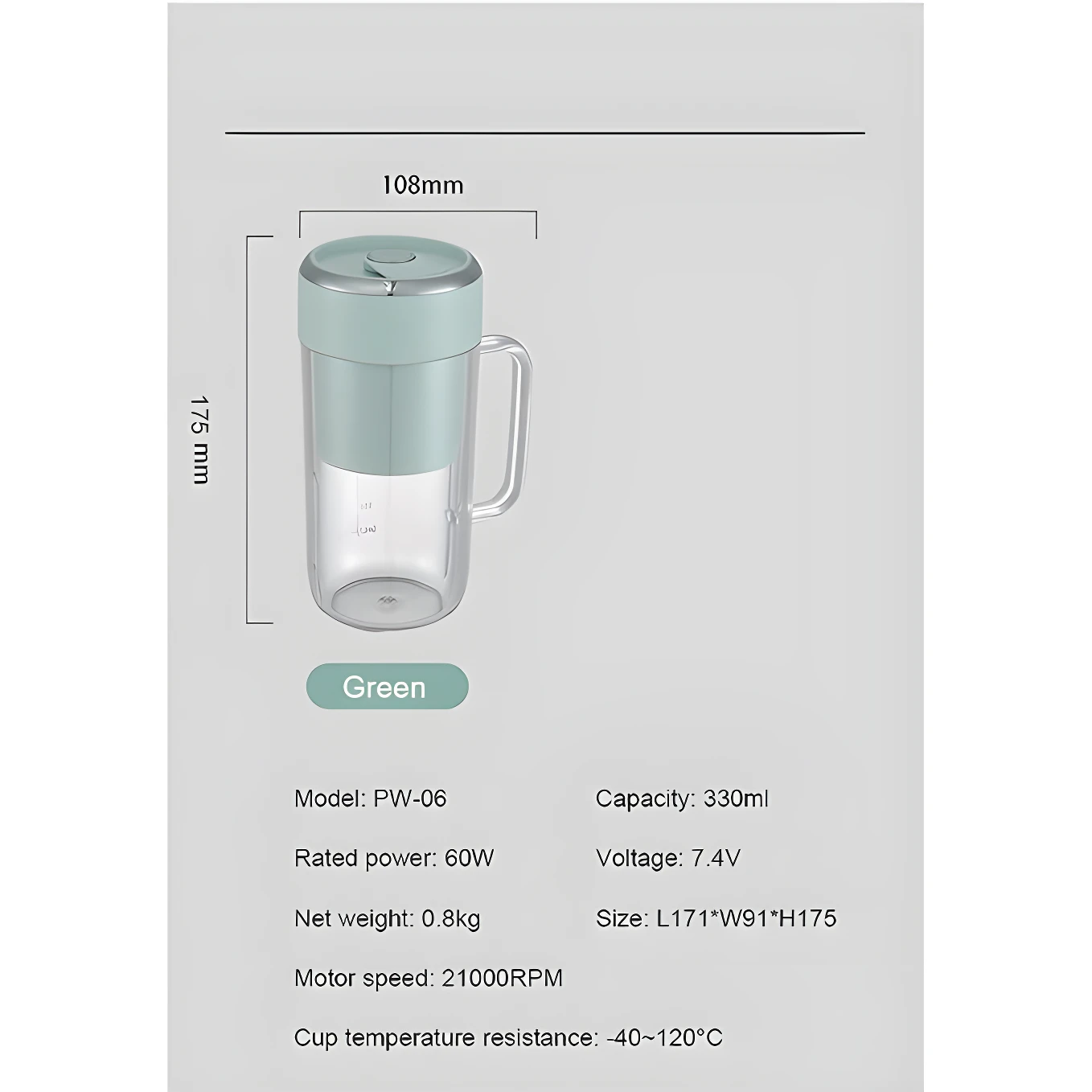 Licuadora portátil verde de 330ml, 108mm de ancho y 175mm de alto.