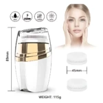 Limpiador facial sónico blanco y dorado de 89mm, recargable USB, 3 velocidades, 115g, con dos cabezales de 45mm.