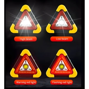 Triángulo de emergencia LED automotriz con 4 luces: alto haz, bajo haz, luz roja y luz roja intermitente.