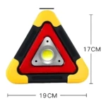 Linterna de emergencia triangular LED roja y amarilla de 19 cm de ancho y 17 cm de alto.