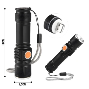 Linterna LED táctica negra ST-515 con zoom, puerto USB visible, mide 11cm de largo y 2.5cm de ancho.