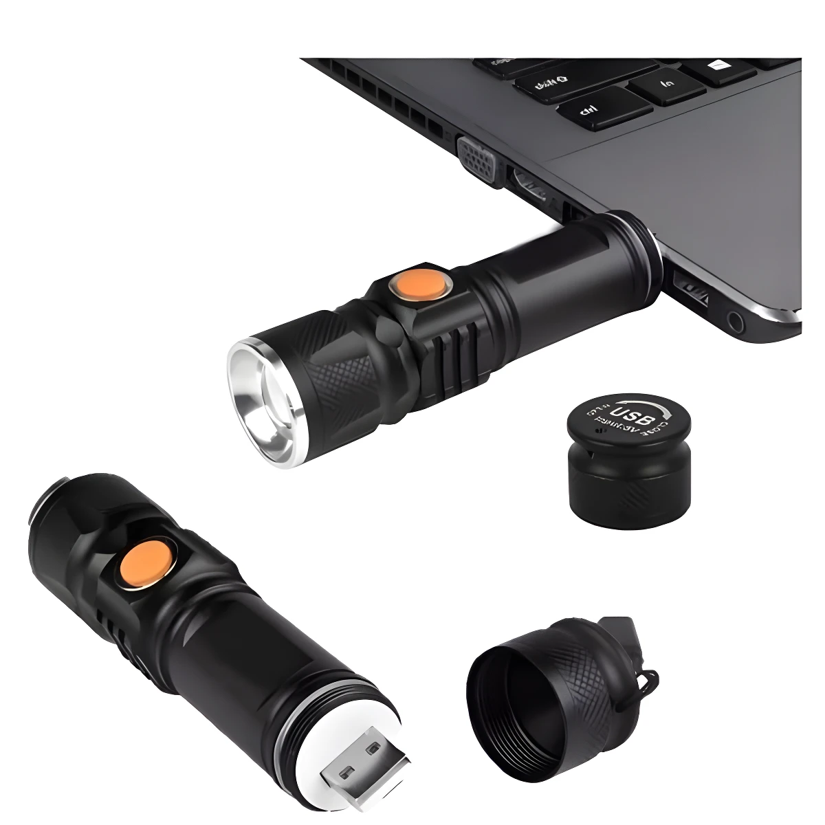 Linterna táctica ST-515 negra conectada a laptop, con zoom y tapa USB.