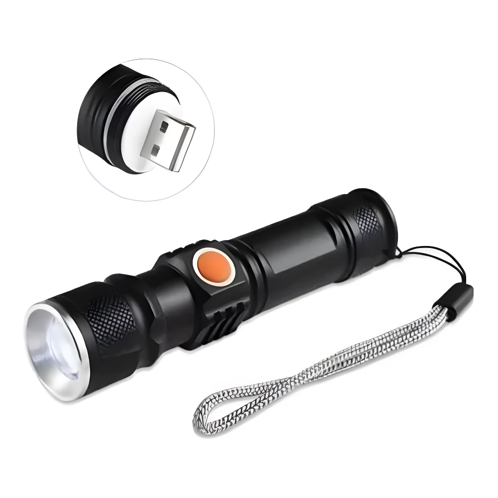 Linterna LED táctica negra con zoom y correa, detalle del interruptor naranja.