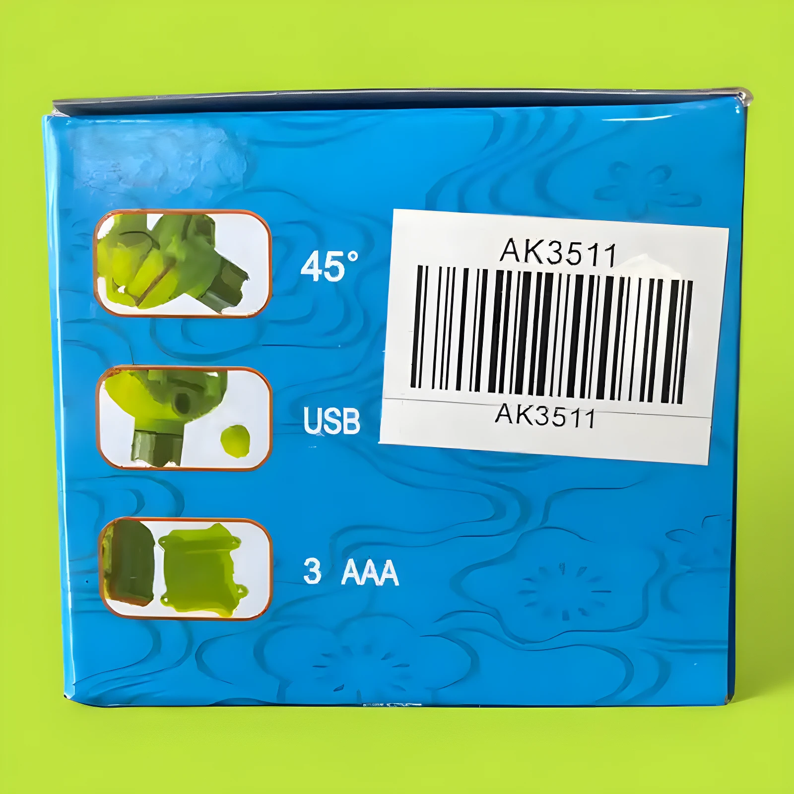 Linterna minera acuática AK3511, 45°, USB, 3 AAA, con imágenes de partes internas y código de barras.