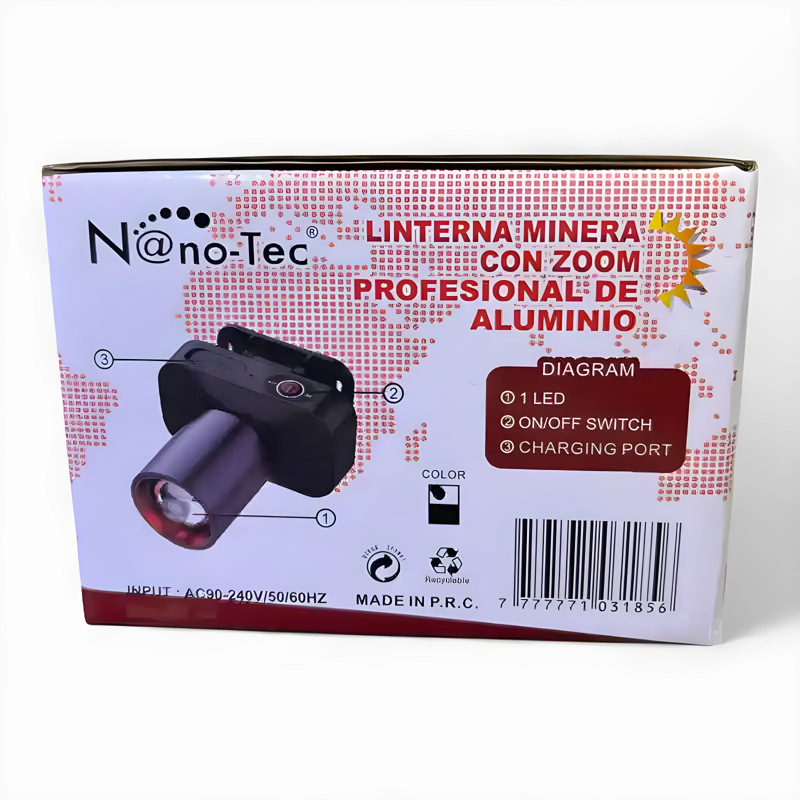 Linterna minera LED Nanotec aluminio, con zoom, diagrama de funciones, recargable, AC90-240V, hecha en R.P.C.