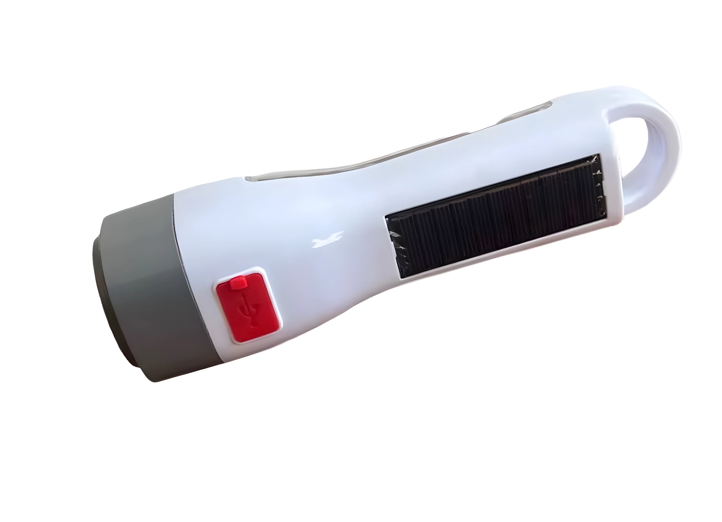 Linterna blanca y gris con panel solar y puerto USB rojo, ideal para emergencias.