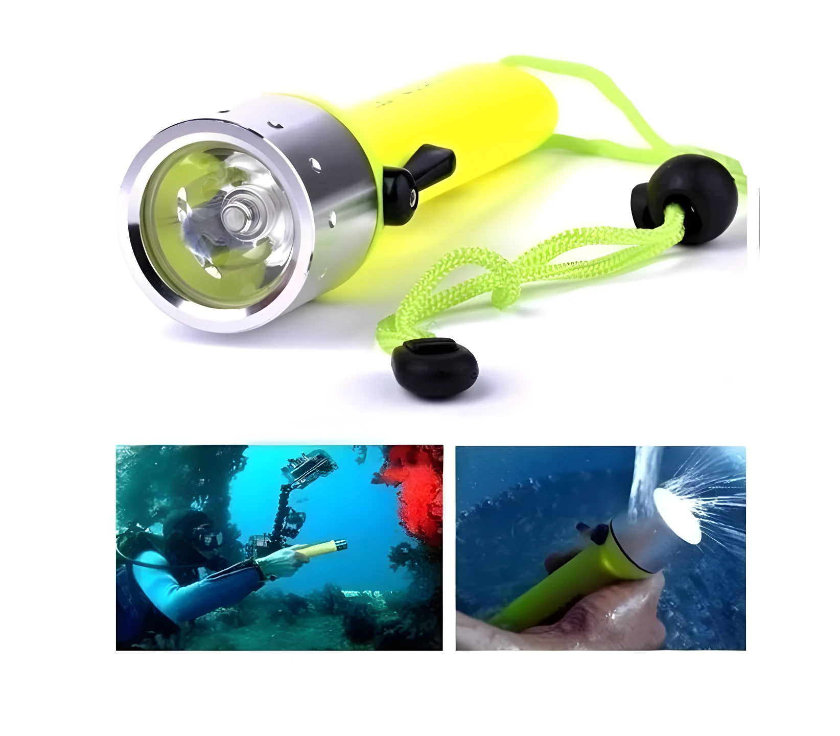 Linterna de buceo amarilla con cordón, utilizada en exploración submarina y pruebas de agua.