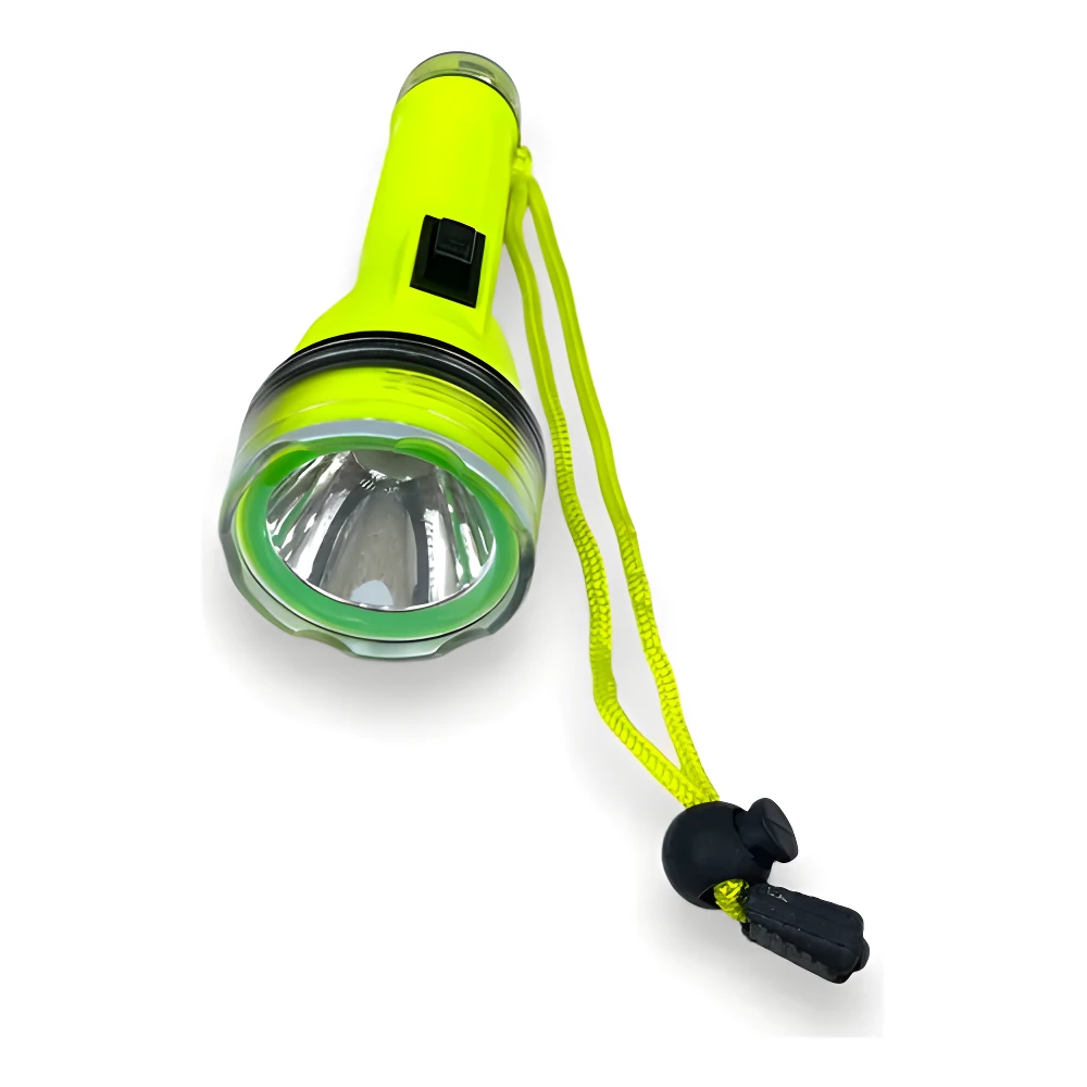Linterna de buceo amarilla fluorescente con cordón, ideal para exploración submarina.
