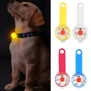Llavero LED circular amarillo para mascotas, accesorio de seguridad nocturna para collares.