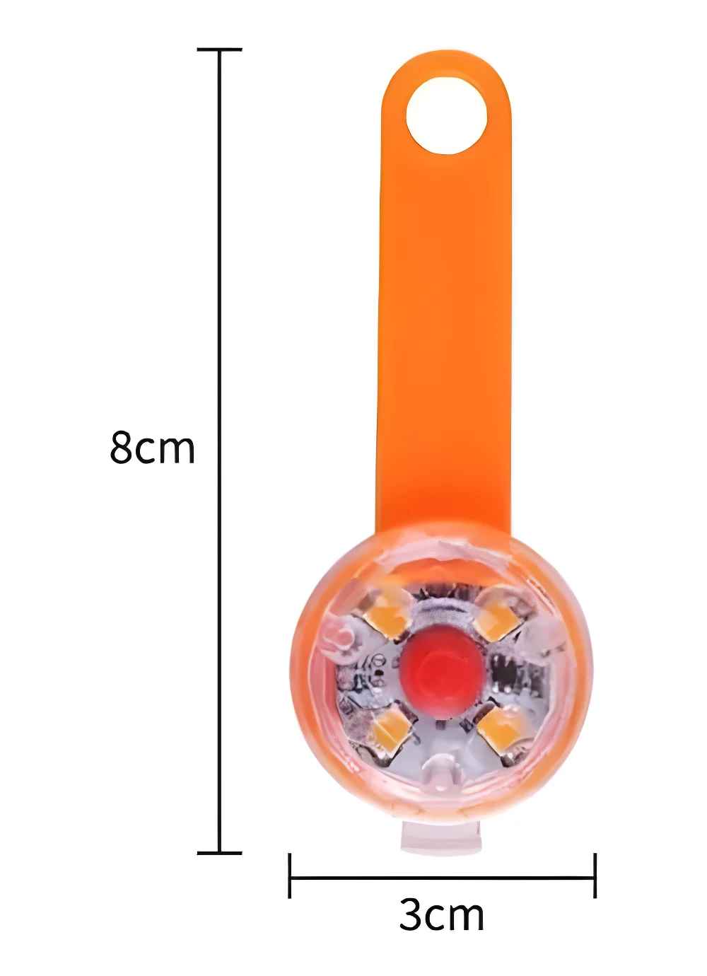 Llavero LED naranja con ojal, mide 8 cm de alto y 3 cm de ancho.