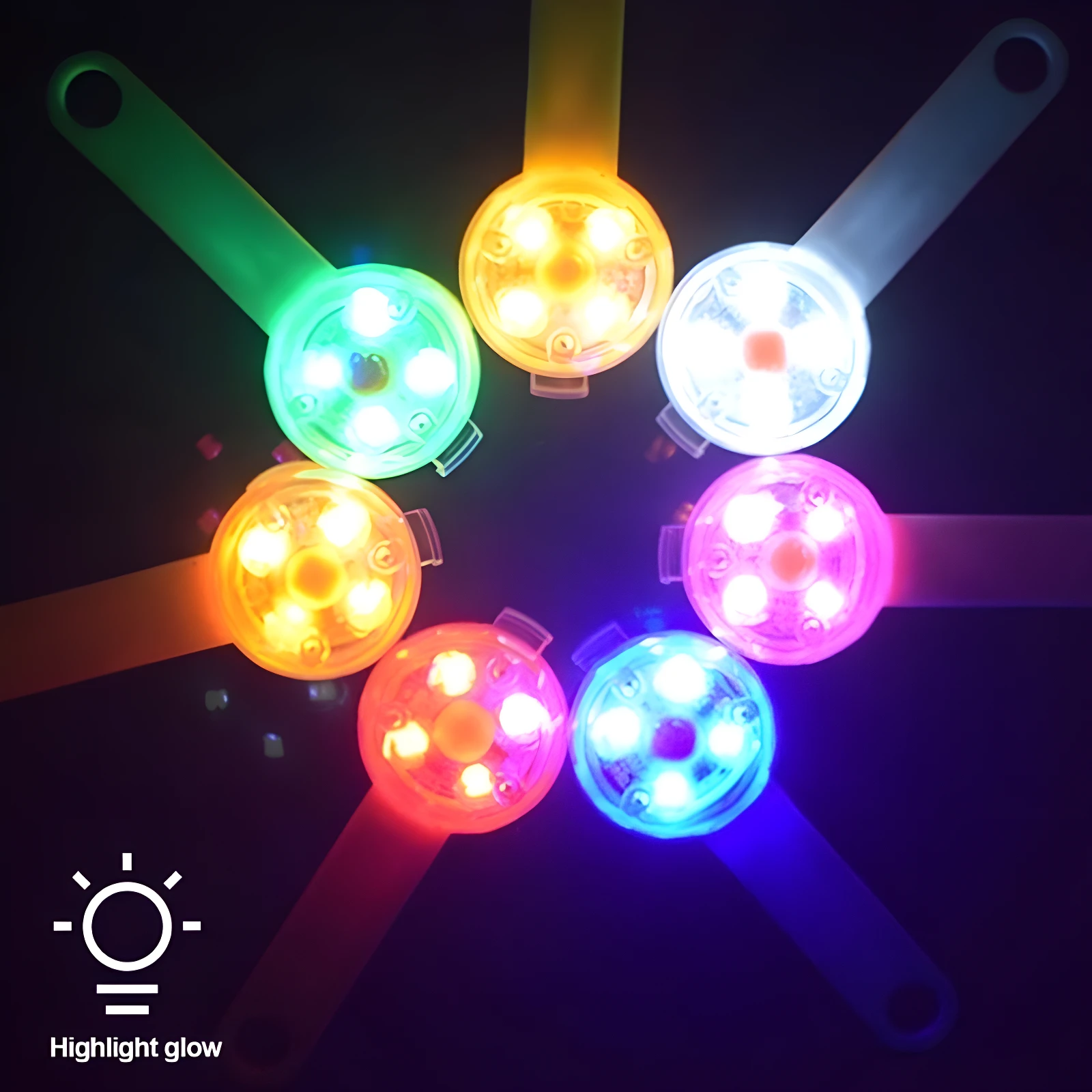 Llaveros LED multiusos de colores vibrantes (verde, naranja, blanco, rosa, azul) con banda reflectante, ideal para seguridad.