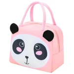 Lonchera térmica rosa para niños con diseño de panda, impermeable y con asas.