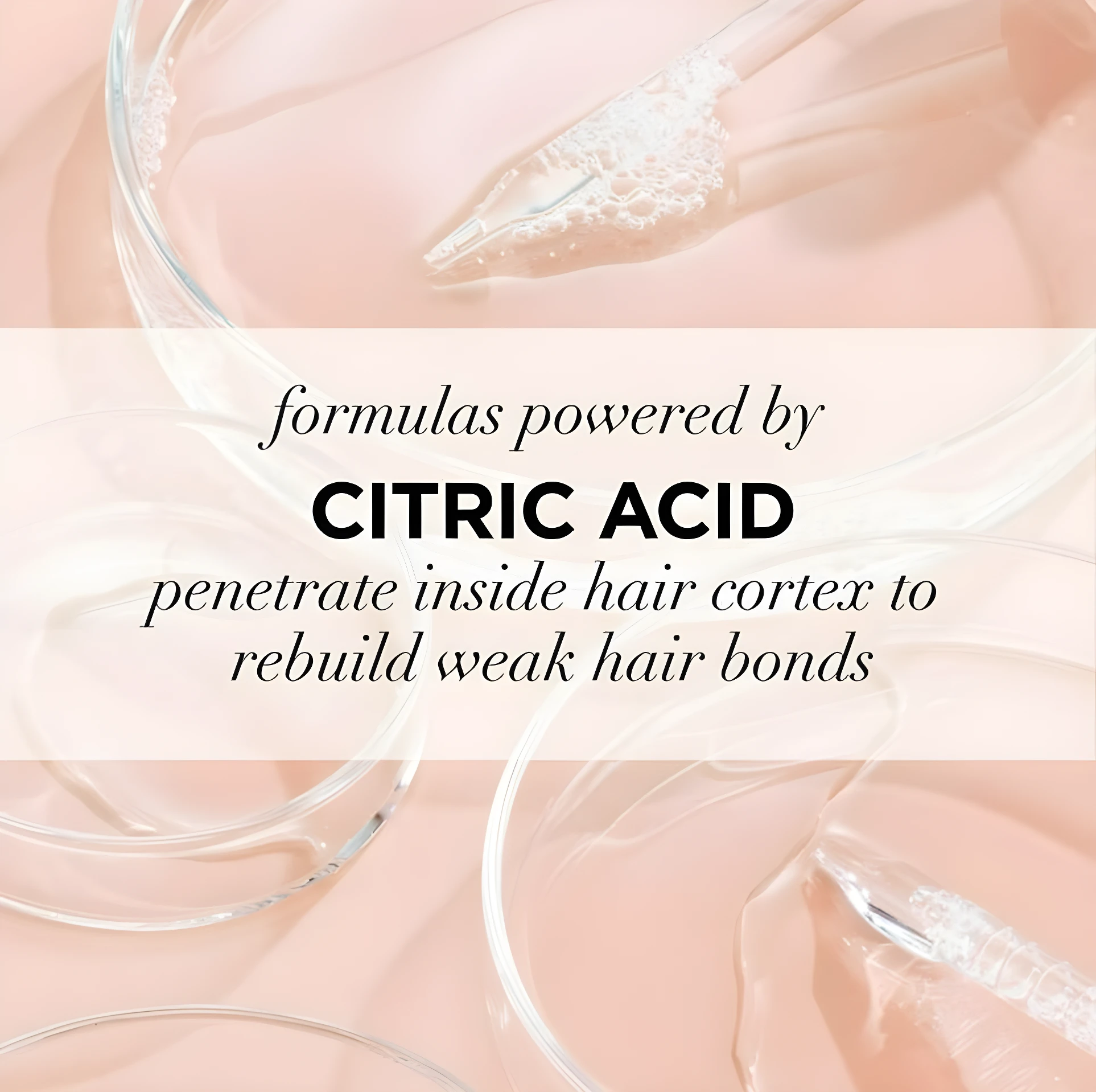 Acondicionador L'Oréal Ácido Cítrico, fórmula transparente sobre fondo rosa pálido, repara cabello dañado.