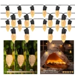 Luces LED colgantes blancas cálidas con textura de piña para decorar exteriores e interiores, ajustables en intensidad.