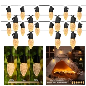 Luces LED colgantes blancas cálidas con textura de piña para decorar exteriores e interiores, ajustables en intensidad.