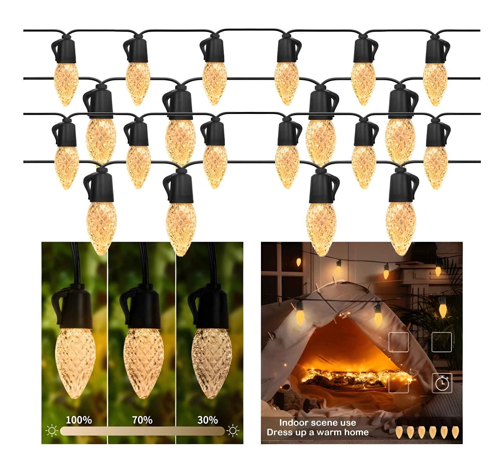 Luces LED colgantes blancas cálidas con textura de piña para decorar exteriores e interiores, ajustables en intensidad.