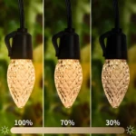 Bombillas decorativas colgantes blancas cálidas, 3 brillos (100%, 70%, 30%) para exteriores, ambiente acogedor.