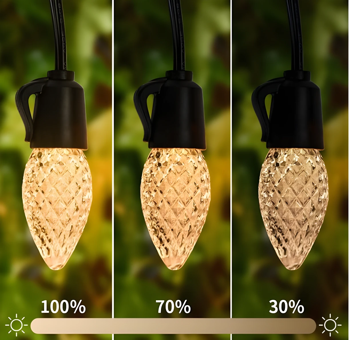 Bombillas decorativas colgantes blancas cálidas, 3 brillos (100%, 70%, 30%) para exteriores, ambiente acogedor.