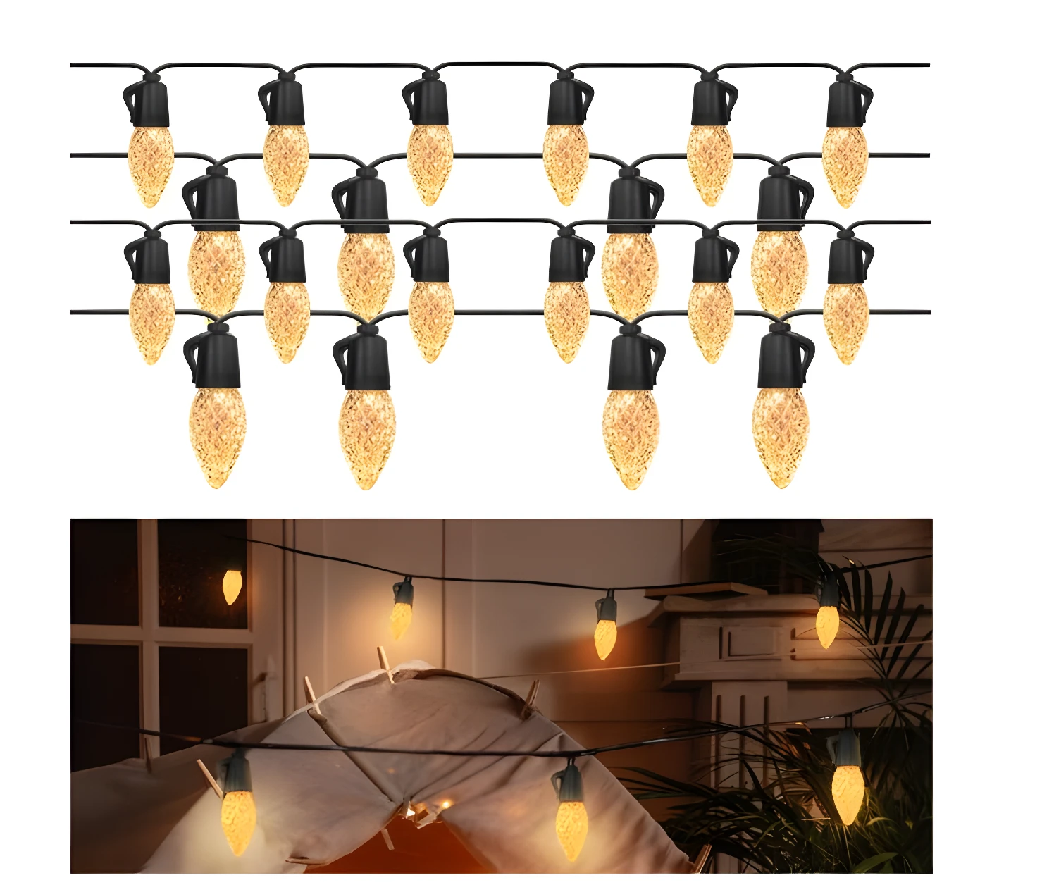 Luces de hadas colgantes, amarillas cálidas, con forma de gota, cable negro, decoración exterior.