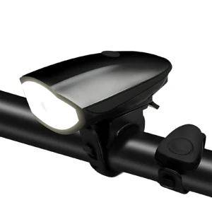 Luz frontal recargable para bicicleta negra 250 lúmenes con bocina, montada en manubrio.