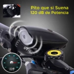 Manillar de bicicleta con luz LED negra, bocina de 120 dB y medidor de sonido, ideal para seguridad.