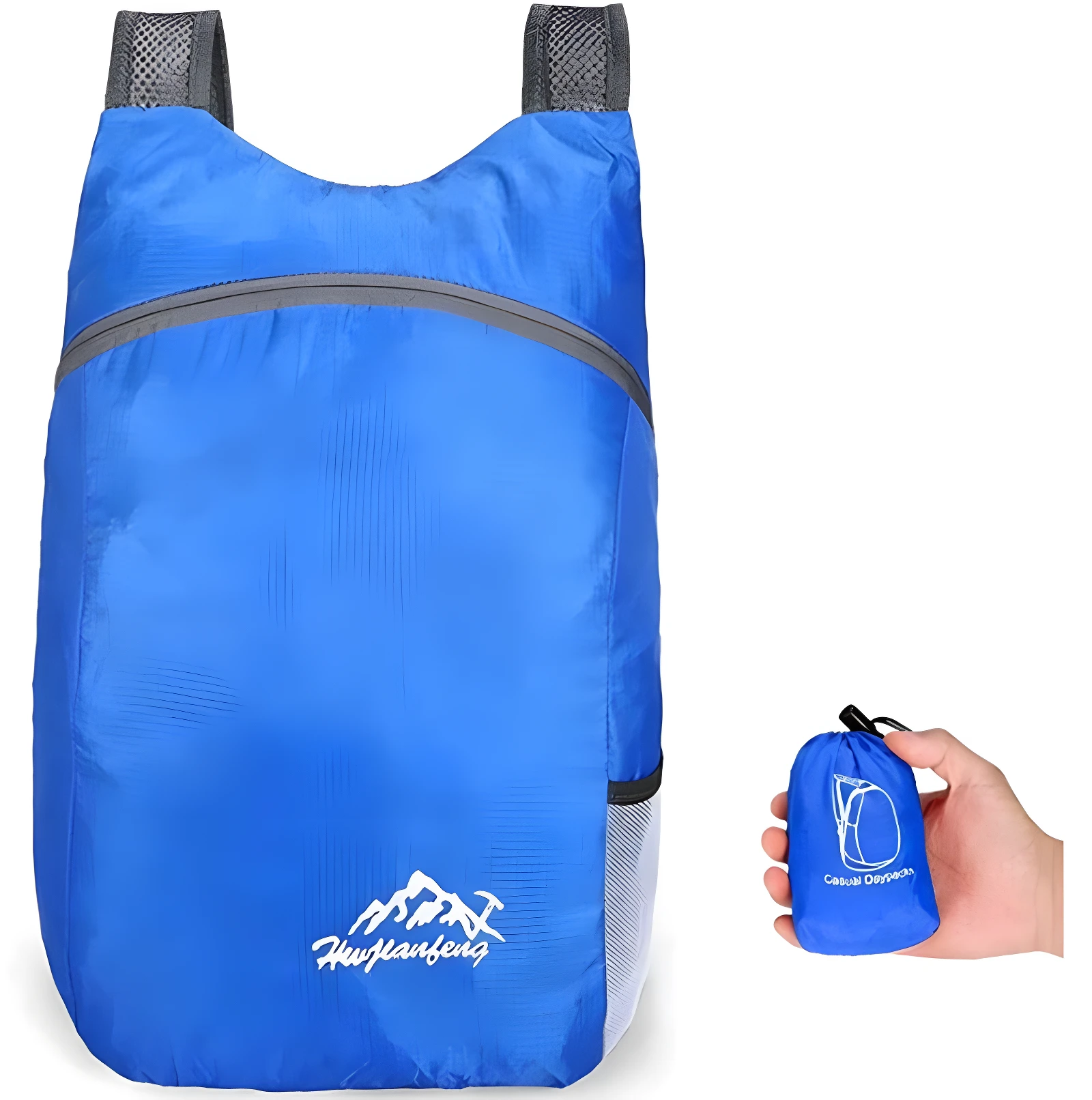 Mochila plegable azul expandible, resistente al agua, ideal para viajes y actividades al aire libre.