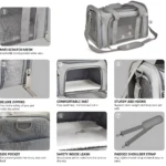 Maleta transportadora gris plegable para mascotas con malla antiarañazos, cremalleras, colchón y correa.