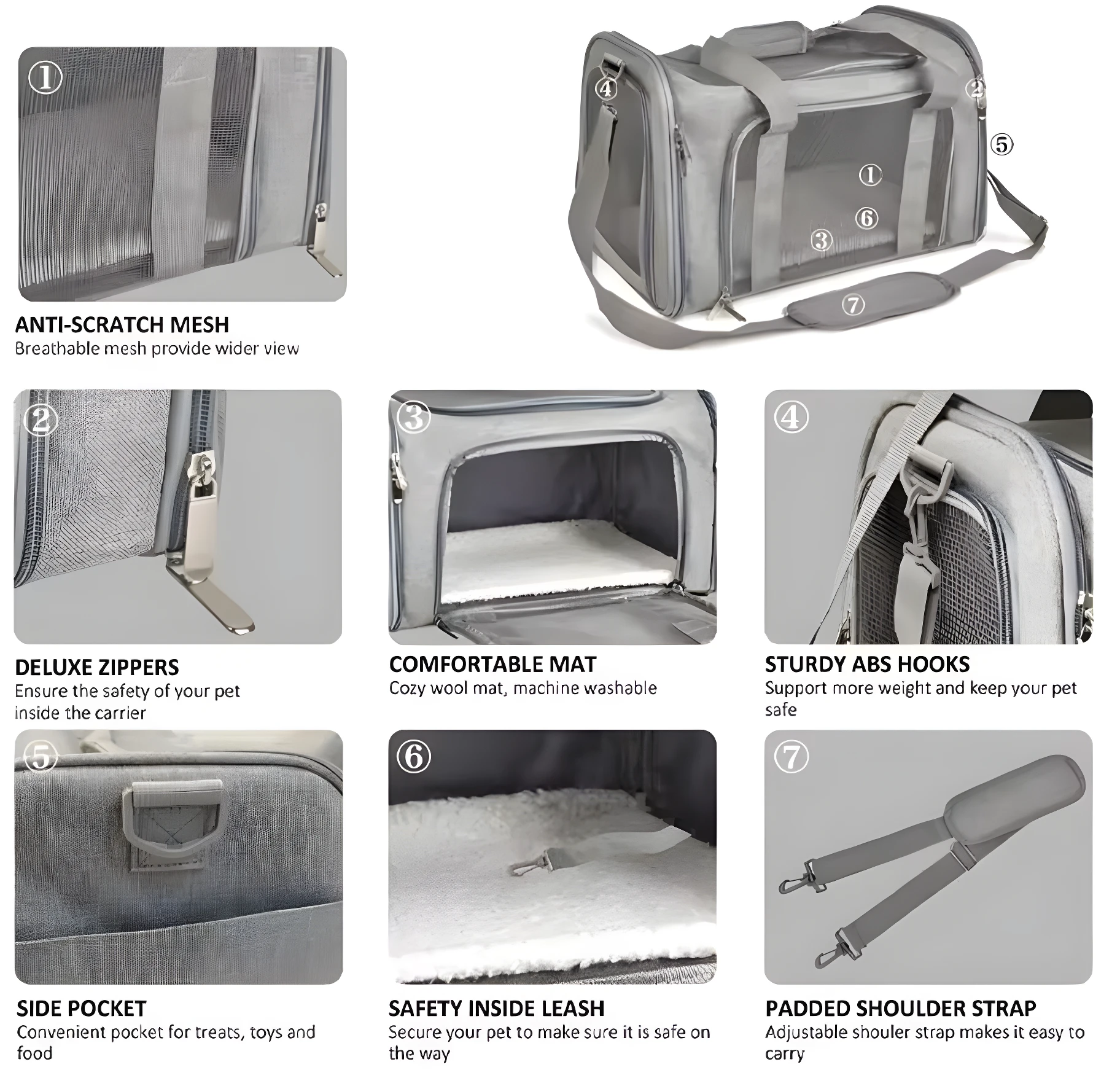 Maleta transportadora gris plegable para mascotas con malla antiarañazos, cremalleras, colchón y correa.