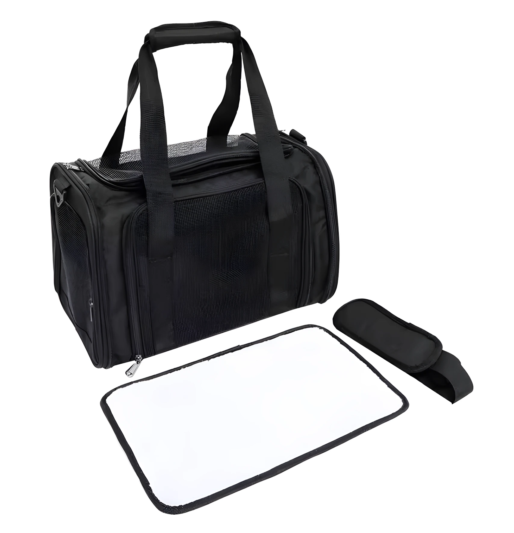 Maleta transportadora negra para mascotas, plegable, con manta y correa de hombro.