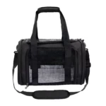 Maleta transportadora negra para mascotas, plegable, con malla ventilada y correa ajustable.