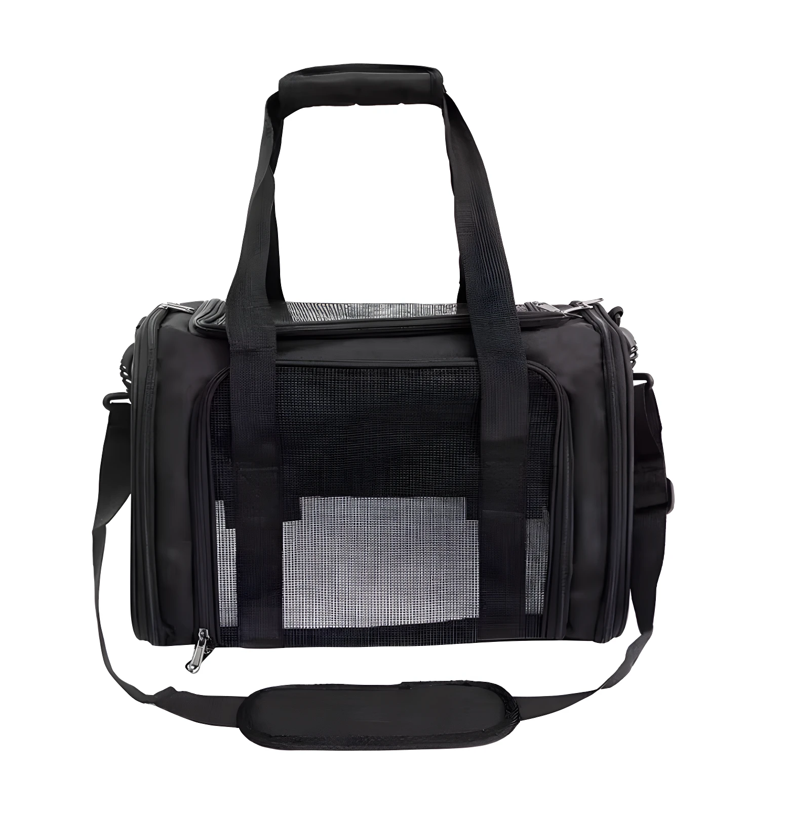 Maleta transportadora negra para mascotas, plegable, con malla ventilada y correa ajustable.