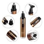 Cortapelos Kemei KM-6629 dorado 2 en 1 para nariz, orejas y patillas. Incluye accesorios.