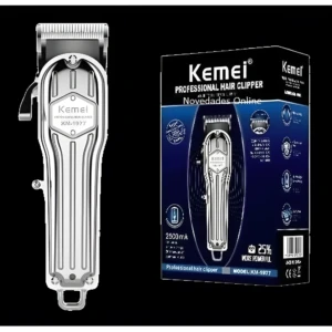 Máquina cortadora de cabello inalámbrica Kemei 1977 color plateado metálico con textura estriada, junto a su caja con batería de 2500 mAh y modelo visible.