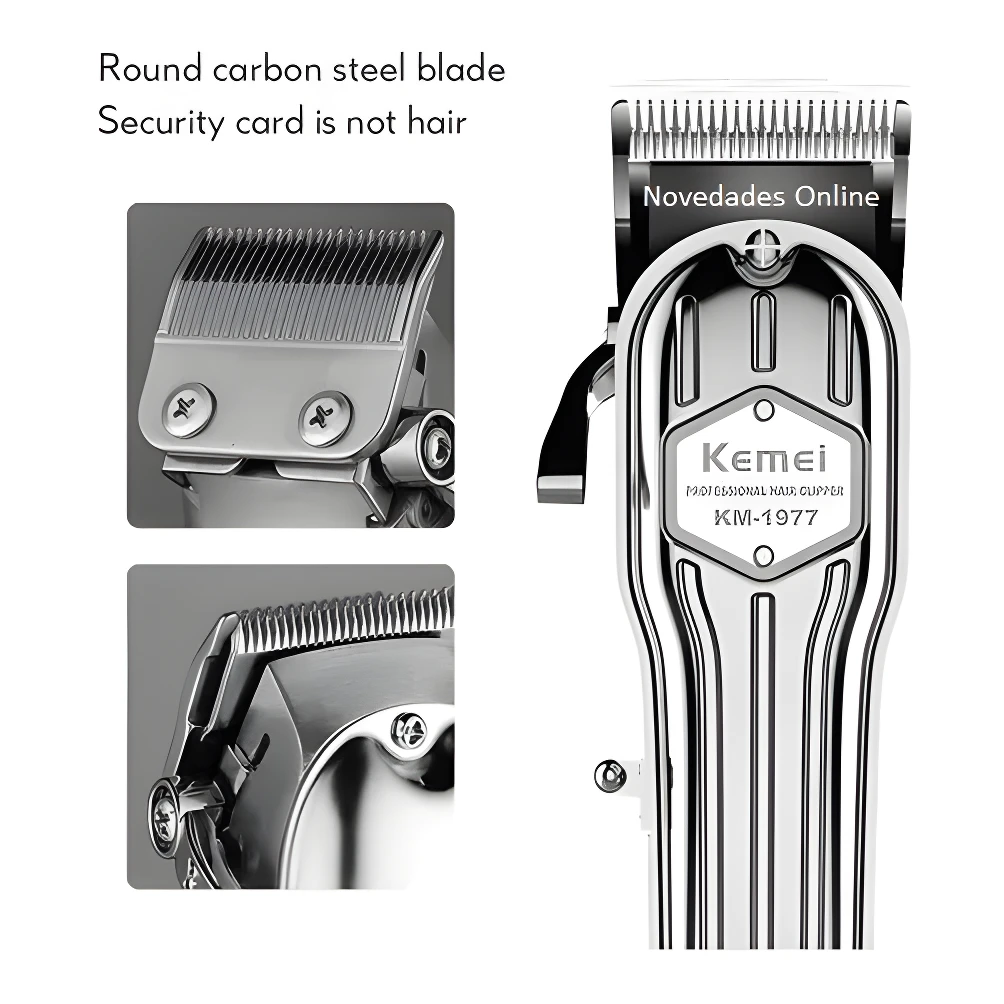 Máquina cortadora de cabello Kemei KM-1977 inalámbrica de color plateado, con cuchilla de acero al carbono y detalles de diseño ergonómico metálico.