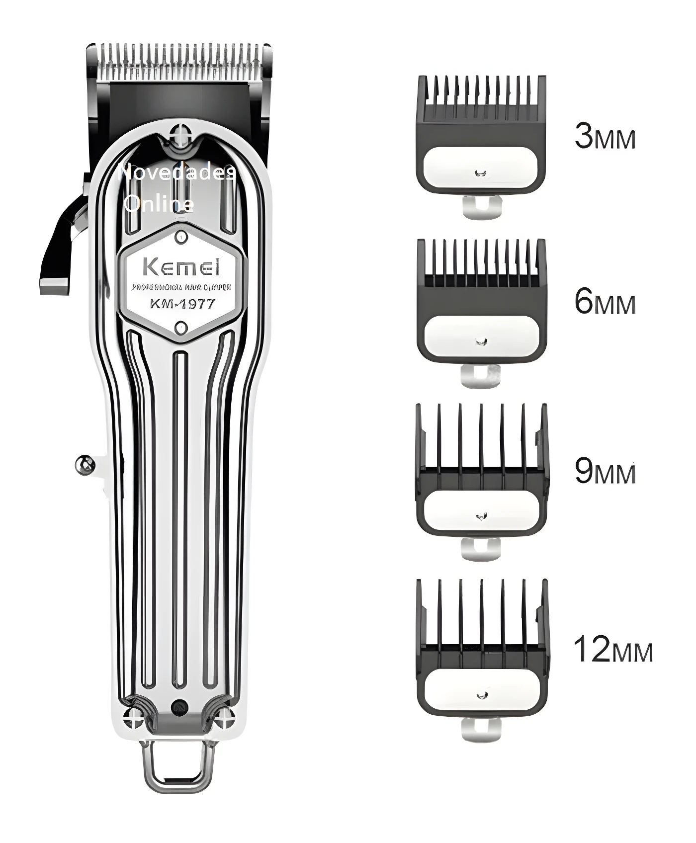 Cortadora de cabello Kemei KM-1977 inalámbrica de acabado metálico plateado, con cuatro peines guía incluidos de 3, 6, 9 y 12 milímetros.