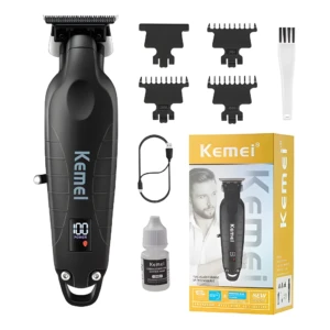 Cortadora de cabello Kemei 2293 inalámbrica negra con pantalla digital, incluye cable de carga USB, cuatro guías, cepillo de limpieza y aceite lubricante.