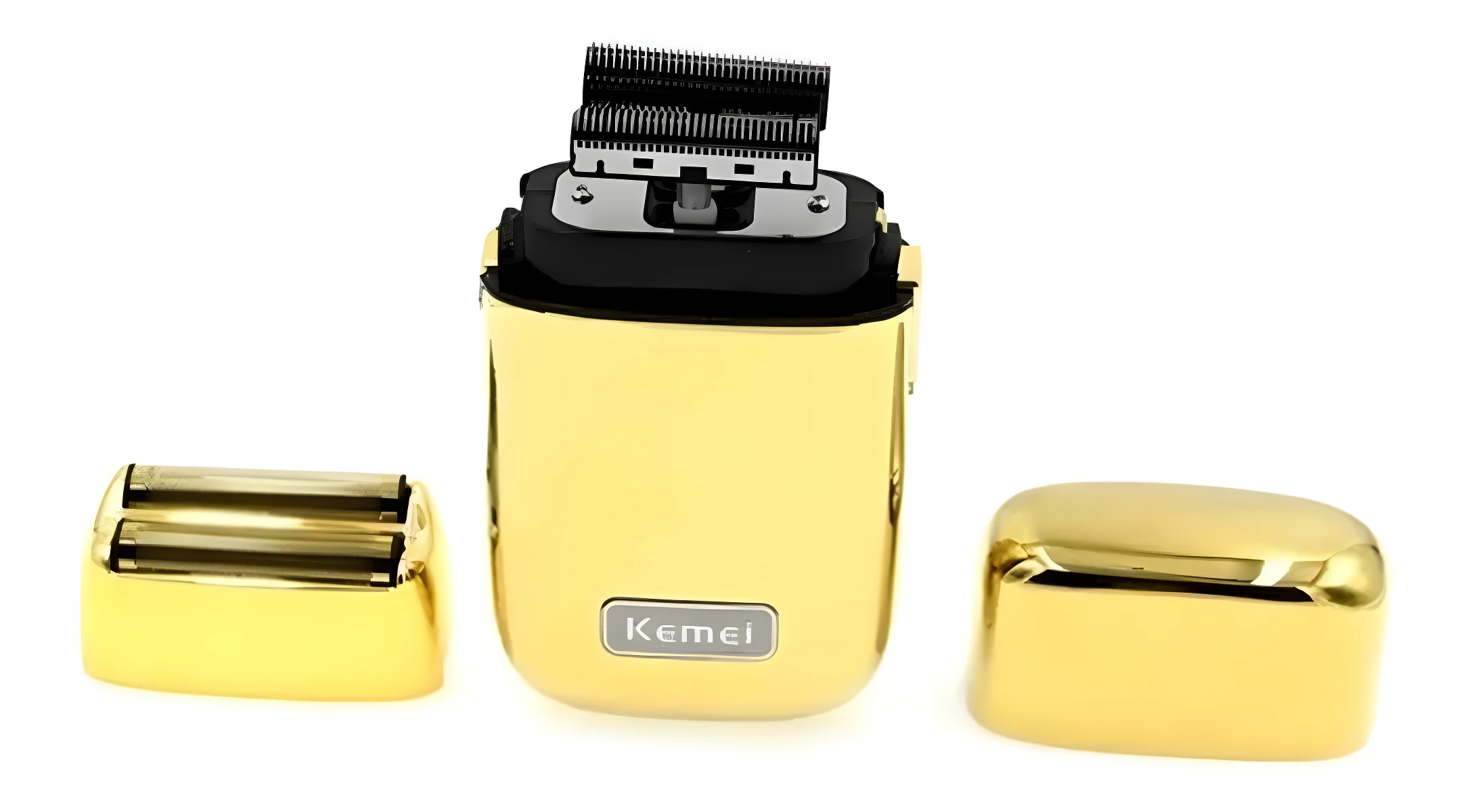 Afeitadora eléctrica Kemei dorada con cabezal de corte expuesto, acompañada de su lámina de repuesto y tapa protectora sobre fondo blanco.