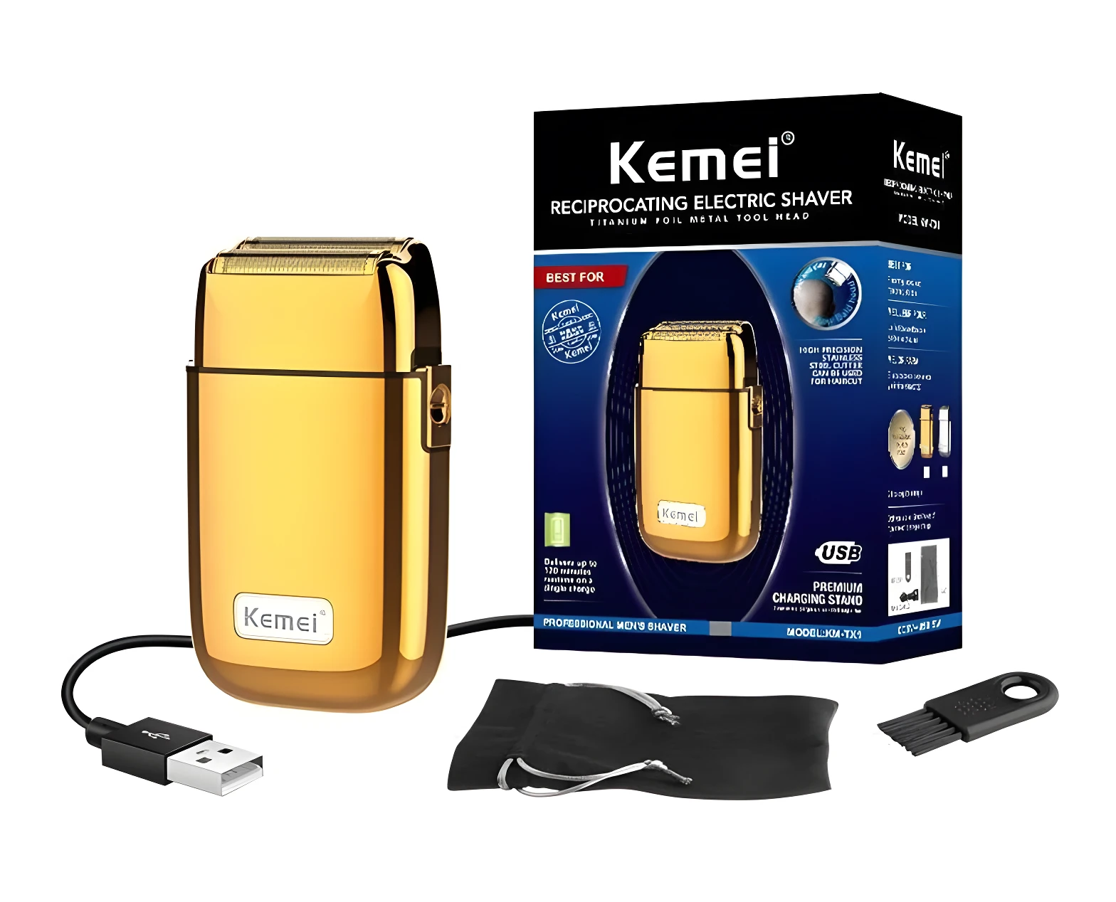 Afeitadora Kemei TX1 dorada con lámina metálica, caja, cable de carga USB, bolsa de tela negra y cepillo de limpieza, diseño profesional de precisión.