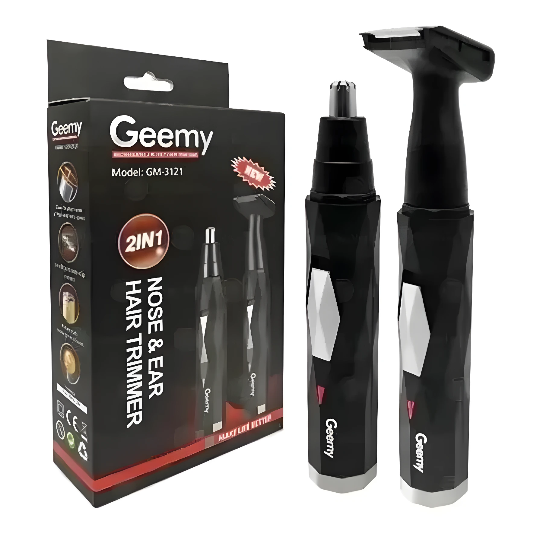 Set x2 cortadoras de pelo Geemy GM-3121, negra, para nariz y orejas, con cabezal de afeitado.
