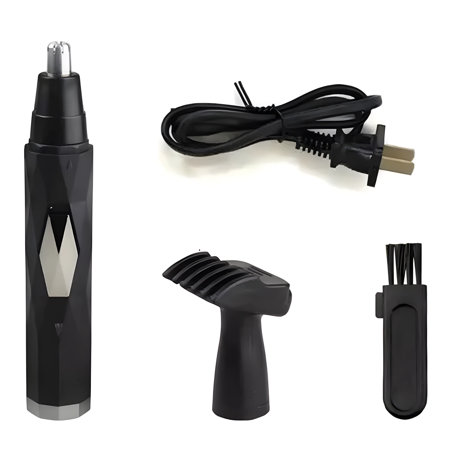 Máquina cortapelo nariz negra con accesorios: cable, peine y cepillo.