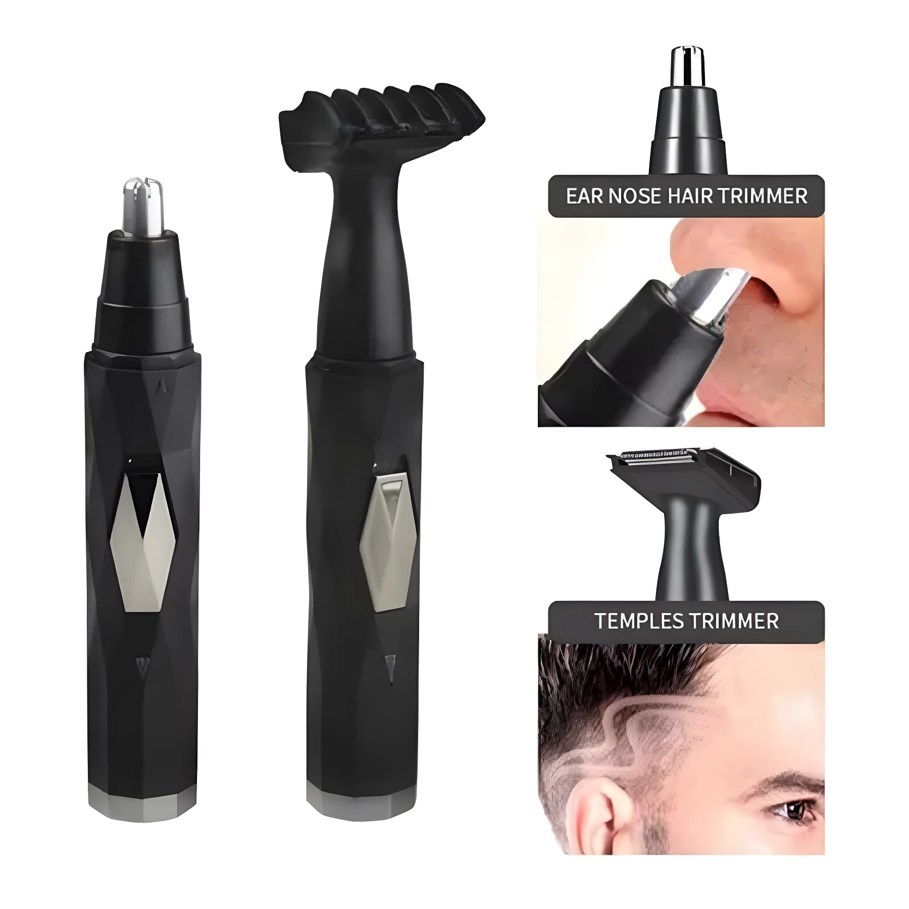 Dos recortadores de vello facial negros, uno para nariz y orejas, otro para patillas.