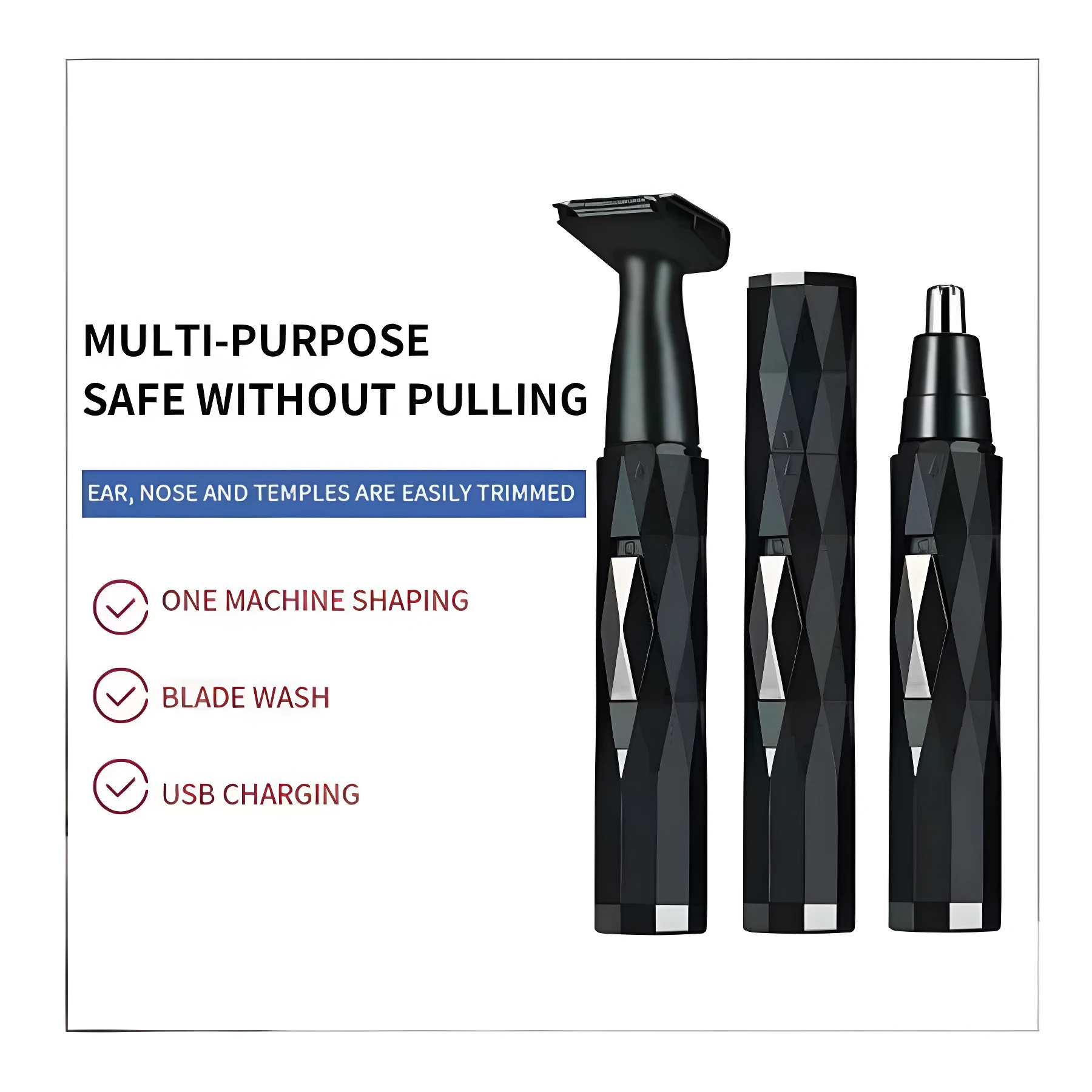 Set x2 máquinas cortapelos nariz, oreja y patillas en negro con diseño facetado. Incluye cabezal para corte, protector y cable USB.