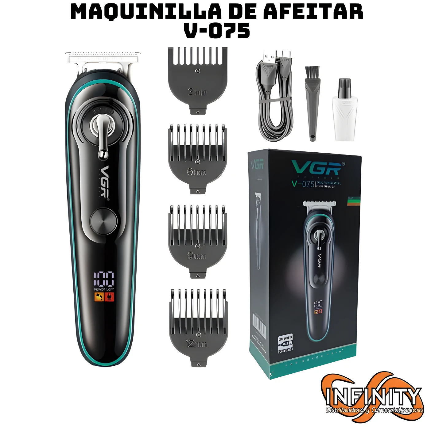 Máquina de corte VGR-075 negra con pantalla LED, accesorios y caja, ideal para degradados.