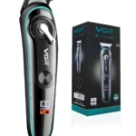 Máquina de corte VGR-075 negra y azul con pantalla LED de nivel de batería, ideal para degradados y perfilados.