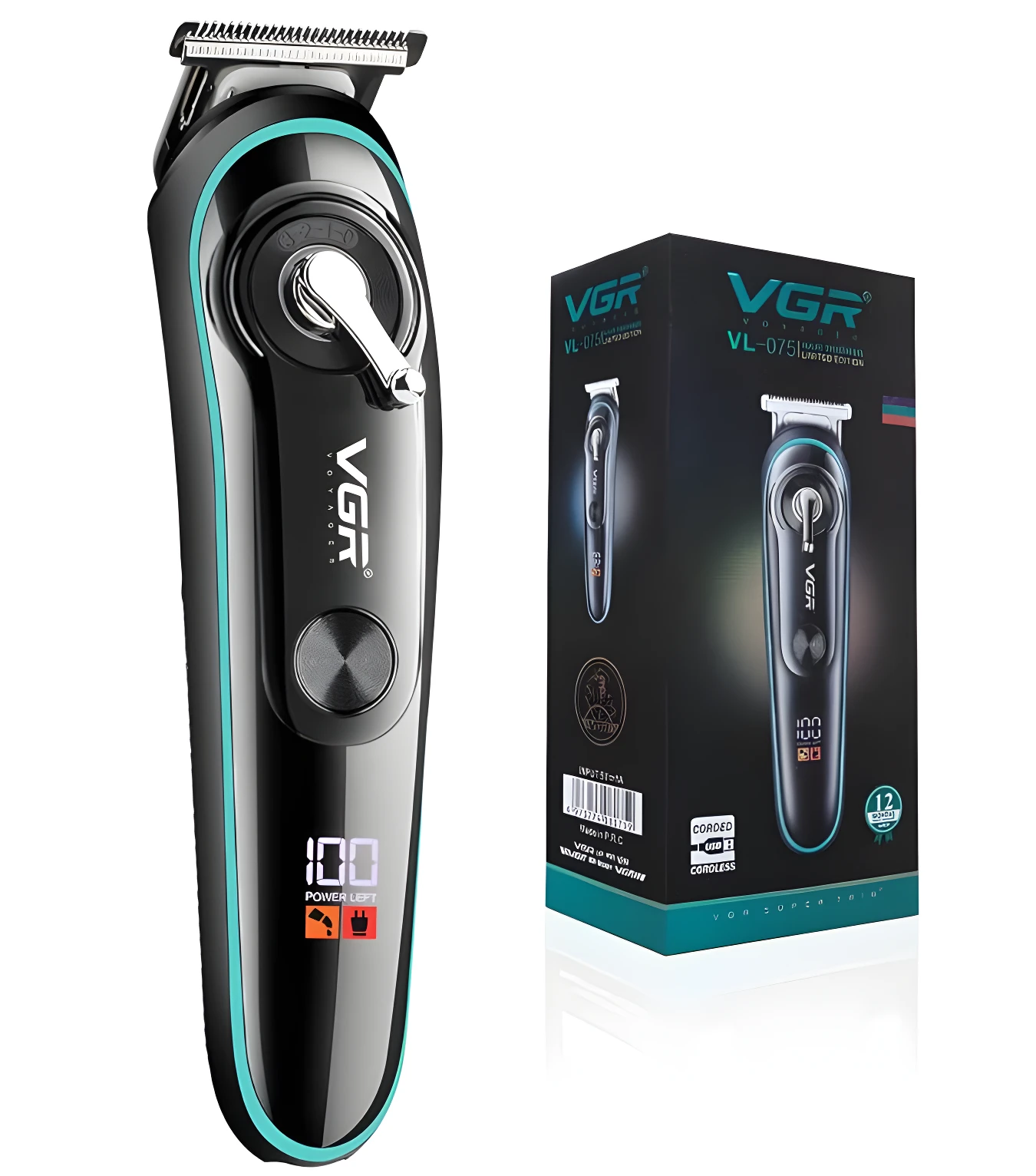 Máquina de corte VGR-075 negra y azul con pantalla LED de nivel de batería, ideal para degradados y perfilados.