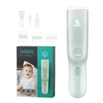 Cortadora de cabello para bebé VGR V-155 verde, silenciosa, con succión y accesorios. Incluye cable USB, cepillo y peines guía.