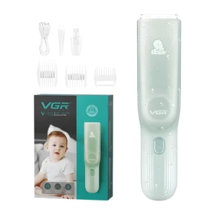 Cortadora de cabello para bebé VGR V-155 verde, silenciosa, con succión y accesorios. Incluye cable USB, cepillo y peines guía.