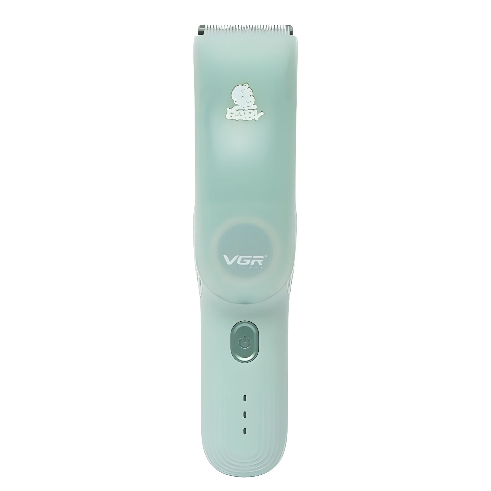 Cortadora de cabello VGR V-155 para bebé, verde menta, silenciosa, con logo de bebé y botón de encendido.