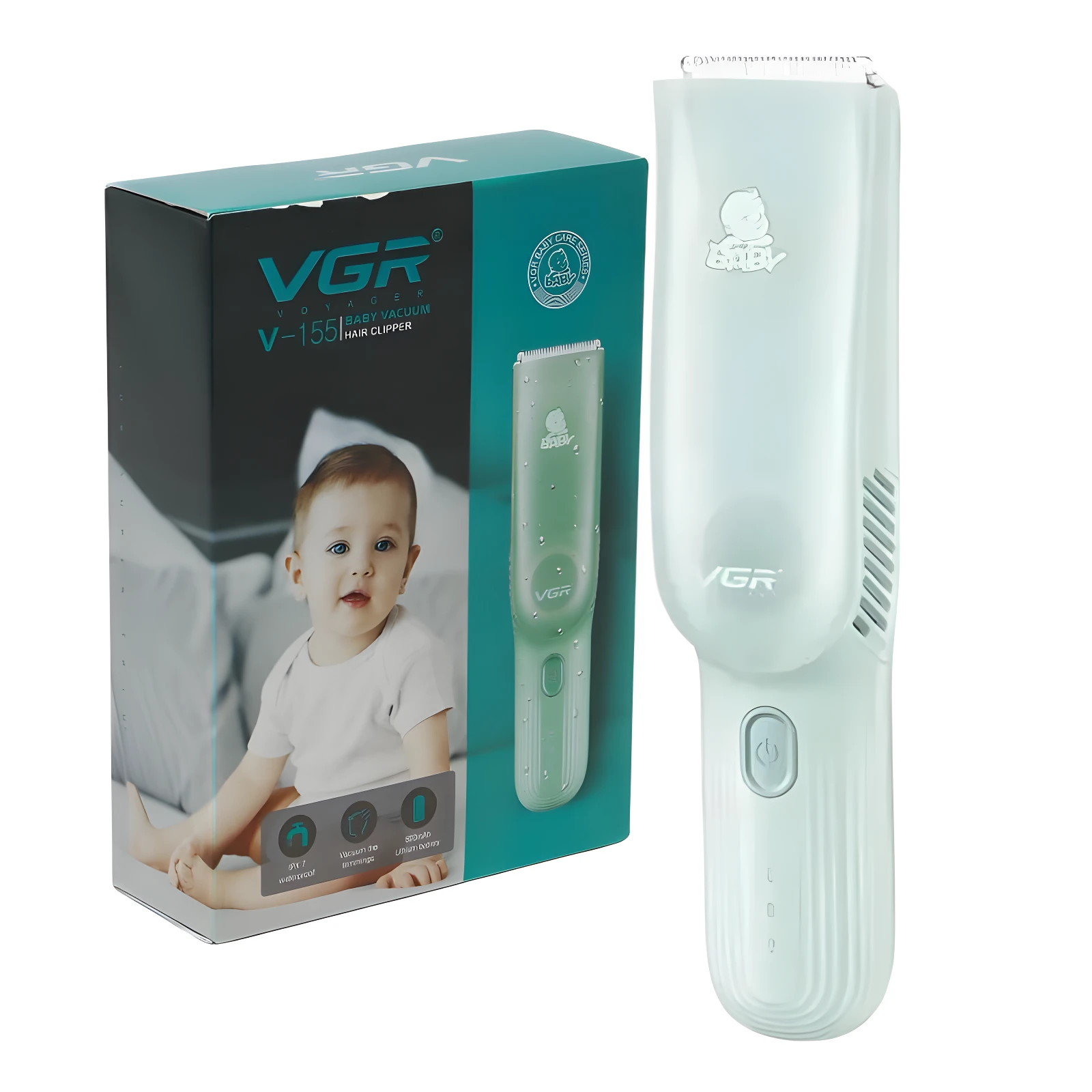Cortadora de cabello VGR V-155 para bebé, blanca con succión, silenciosa, ideal para recolección de pelo.